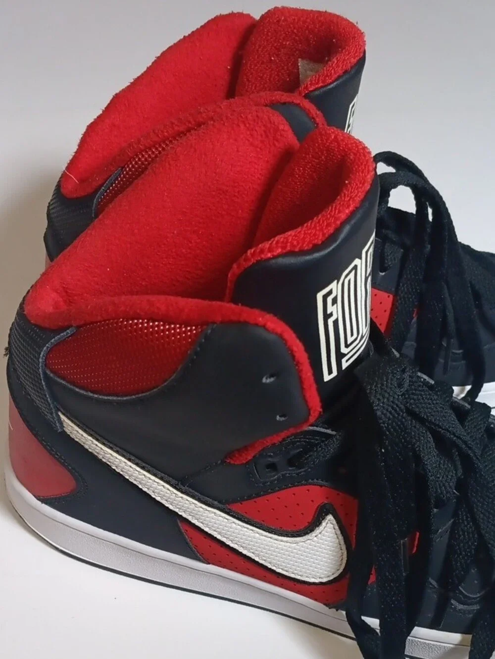 Nike 2015 Force Men's High-Top Sneakers in Black, Red and White Swoosh